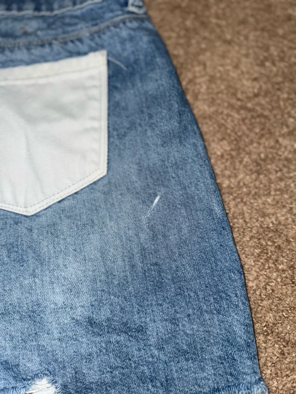 Two-Tone Distressed Jean Shorts in Blue & White - Picture 5 of 6